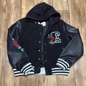 Empyre Black Varsity Jacket with Red Rose Embroidery